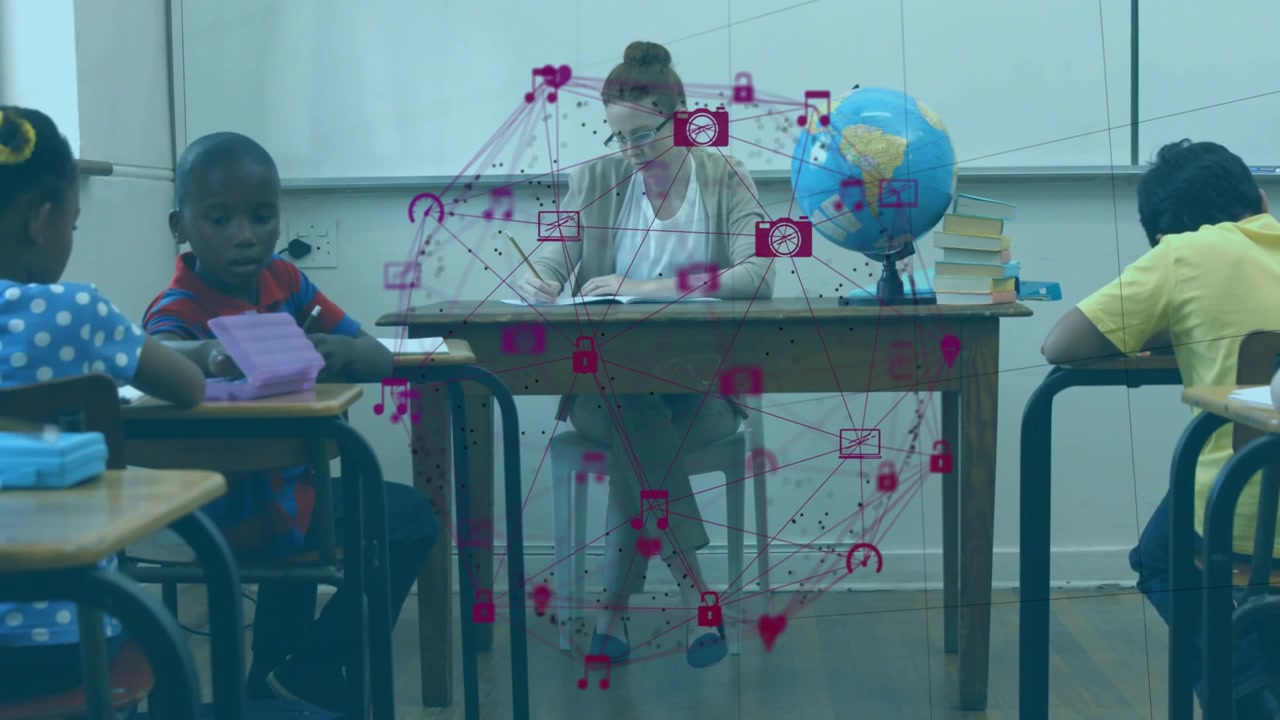 teacher writing notes while student picking purple tablet and tapping overlay enhancing education