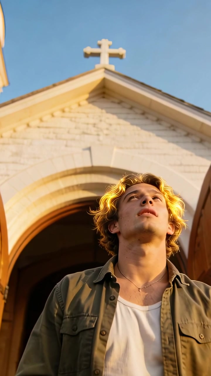 Vertical video: Raising cap, man in olive shirt at church pulling cap down, reflecting at cross