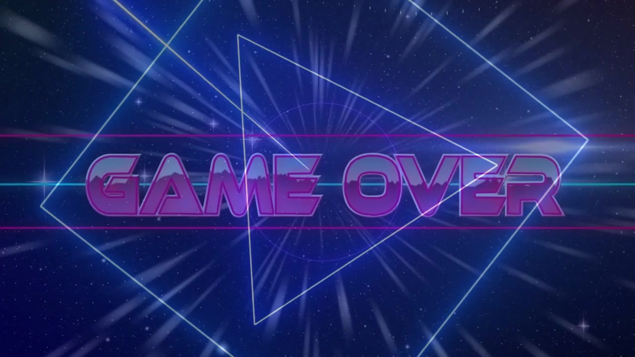 Radiale striber fejer henover, 3D GAME OVER dukker op i midten, neoncirkel pulserer, signalerer spilnederlag.