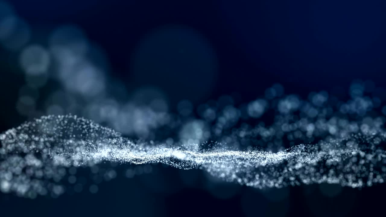 Seamless loop, blue background, digital signature with wave particles, sparkle, veil and space with depth of field. The particles are white light lines.