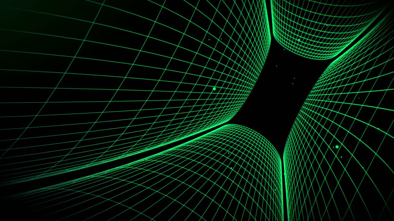 Tilted green rotating wireframe grid tunnel animation with glowing particles