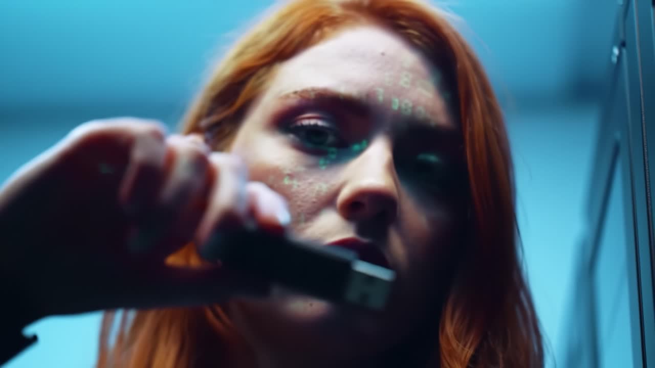 A close-up of a focused individual with orange hair, analyzing glowing code on their face in a digital environment, showcasing themes of technology and contemplation