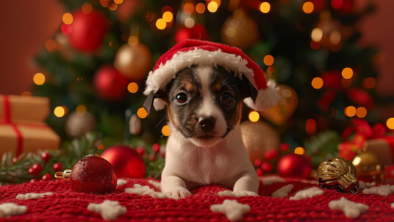 Puppy in Santa hat by tree. A small puppy wearing a Santa hat lies on a red blanket, surrounded by Christmas decorations and a beautifully lit tree