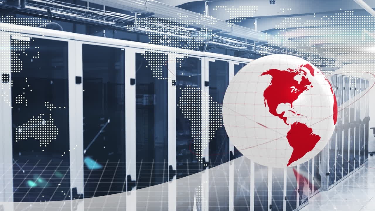 데이터 서버 에서 회전하는 지구, 지도 및 연결된 점의 애니메이션