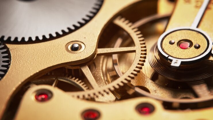 Clockwork Mechanism Of A Golden Watch With Silver Gears And Red Rubies In Macro