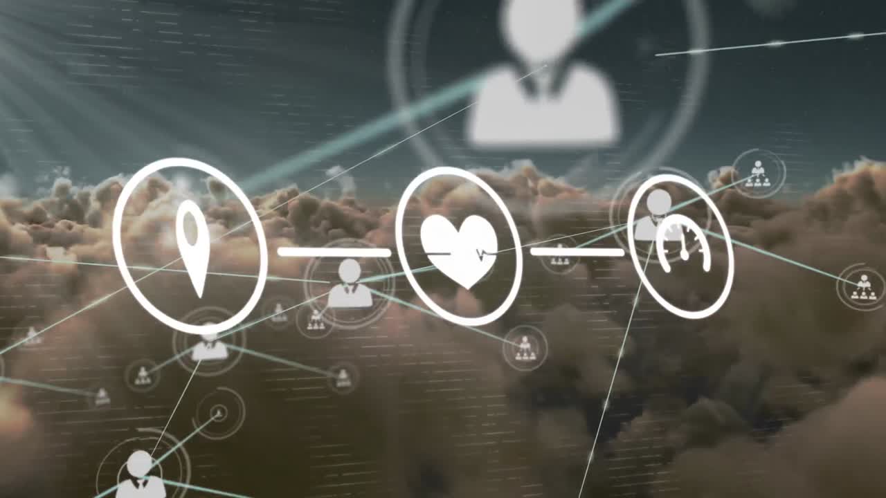 파란 하늘의 구름과 태양 위의 통신 및 미디어 아이콘 네트워크의 애니메이션