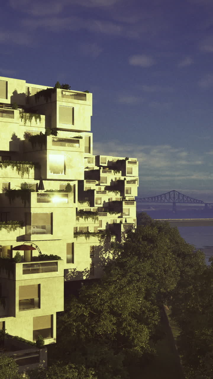 Modern architecture along the riverside with green spaces and city view