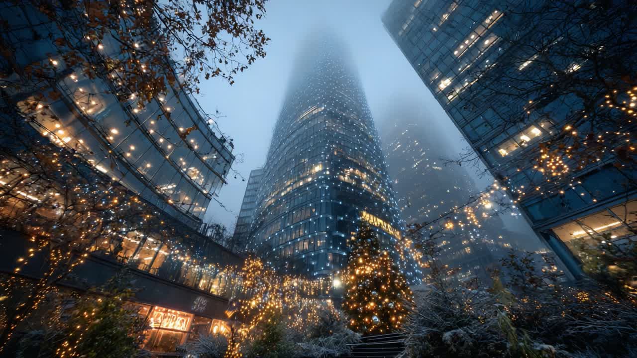 A Captivating Urban Winter Wonderland: Illuminated Trees and Skyscrapers Drape a City Square in Enchanting Lights Amidst a Misty Evening Atmosphere