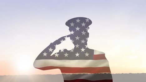 Animation-of-landscape-over-silhouette-of-soldier-saluting-coloured-with-american-flag