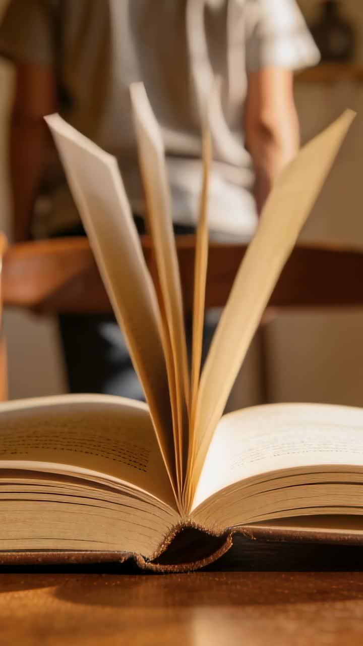 Vídeo vertical: Homem de camiseta cinza se deslocando segurando uma cadeira à mesa para se mover, fazendo as páginas do livro esvoaçarem