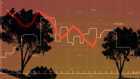 animation of red line and data processing over landscape and city