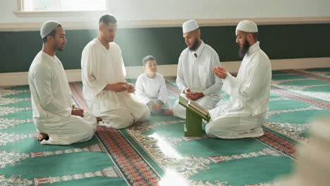 muslim, praying and men with child in mosque