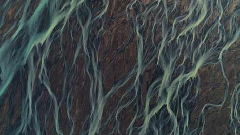 top down view of braided streams of river in kálfafell, iceland - drone shot