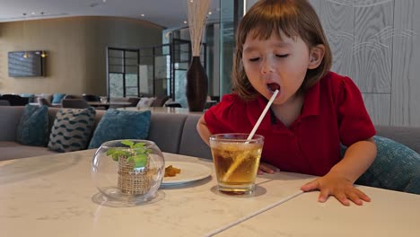 Ein-3-jähriges-Süßes-Mädchen-Trinkt-Kalten-Apfelsaft-Durch-Einen-Strohhalm-In-Der-Luxuslounge