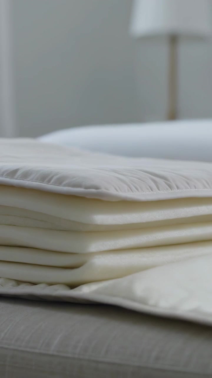 Vertical video: Camera starting focus on folded pad showing seam and foam layers on bed, lamp