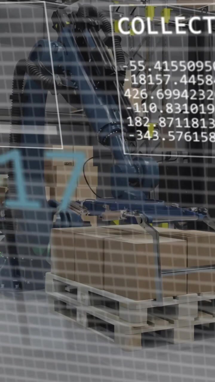 Animazione di diagrammi ed elaborazione dati su macchinari in funzione in magazzino