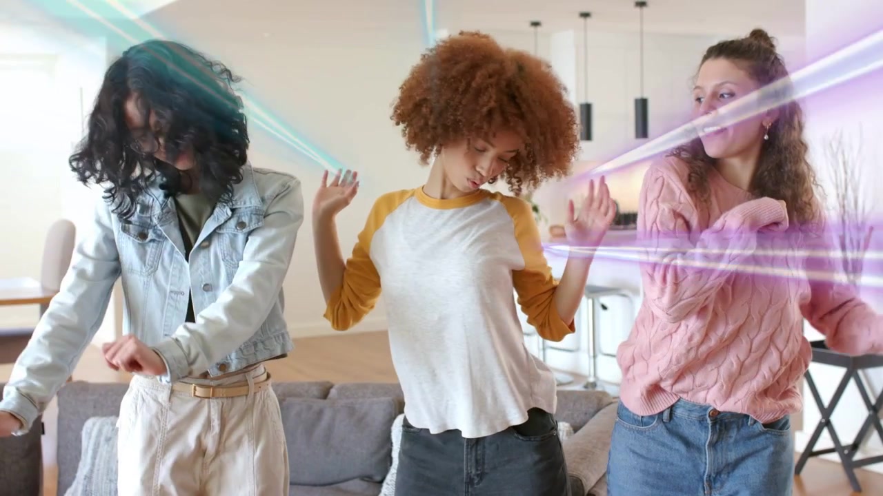 Three women starting dance on cue, creating content while reacting to pink blue streaks sweeping