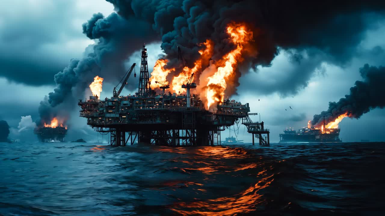 많은 연기가 나오는 바다 한가운데의 석유 굴착장