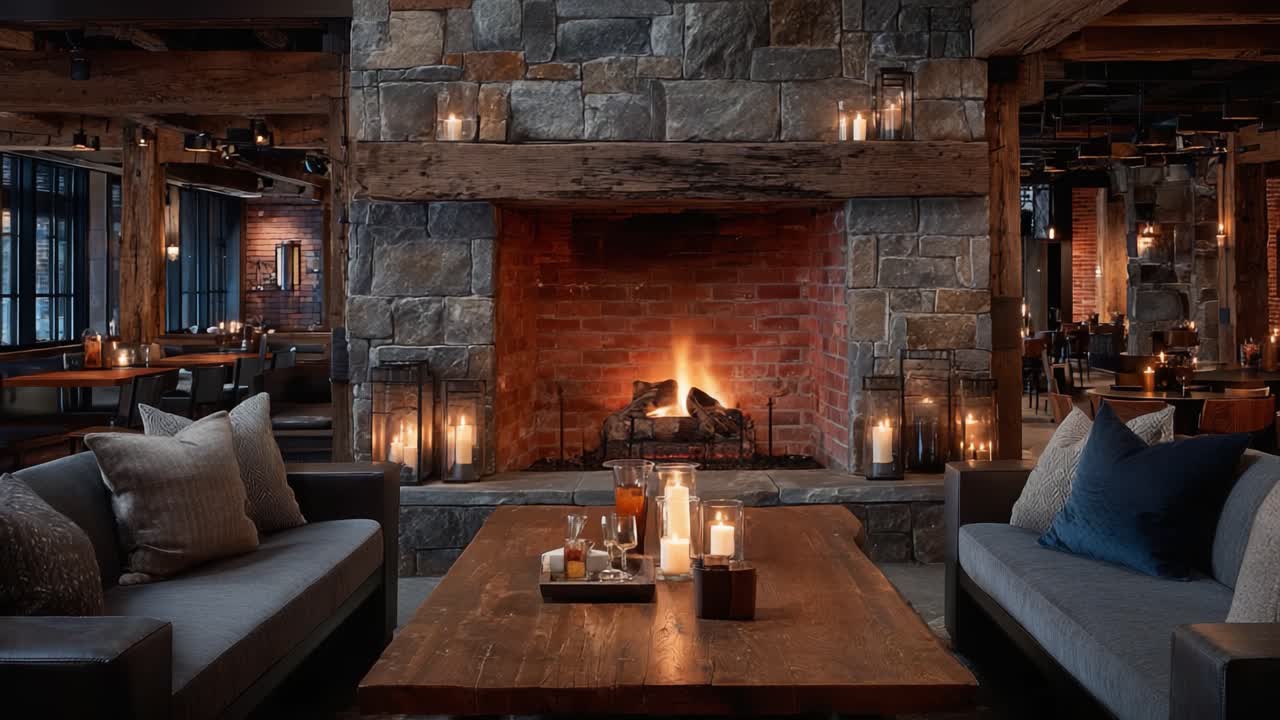 Un salotto accogliente e invitante con un bellissimo camino in pietra e un'elegante atmosfera a lume di candela, perfetto per il relax e gli incontri sociali.