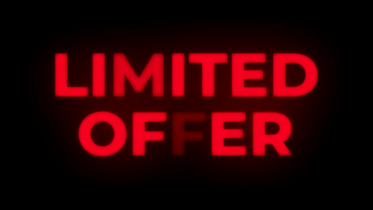 oferta limitada de texto parpadeante en el bucle promocional de la pantalla.