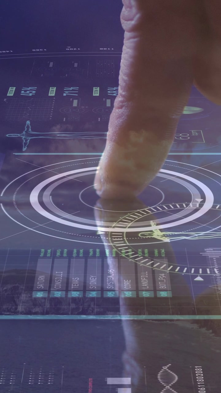 Vertical video: Finger entering frame pressing HUD rings making ripples and showing flight DNA data