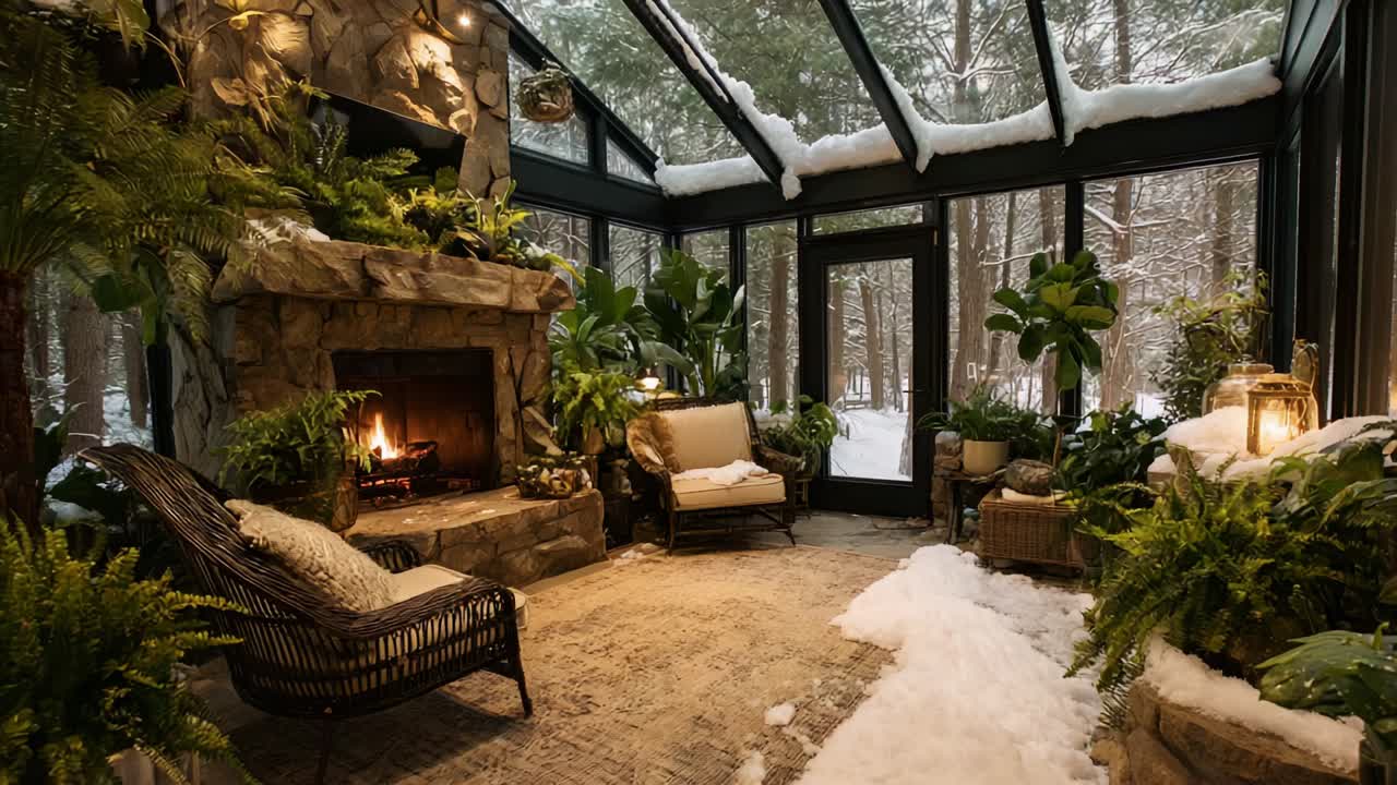A Cozy Winter Retreat: A Snow-Covered Sunroom with a Stone Fireplace Surrounded by Lush Green Plants and a Warm Fire, Perfect for Relaxation Amidst a Winter Wonderland of Snowy Trees