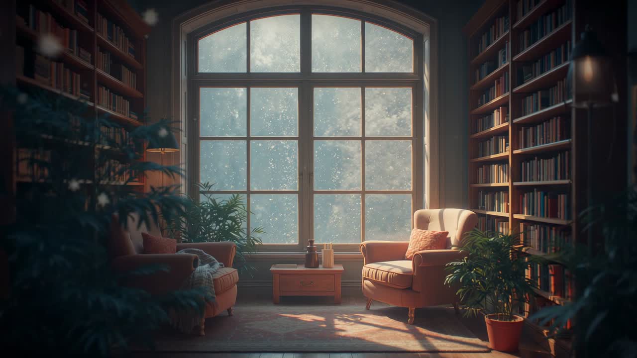 Drifting snow past arched window casting shifting light across library nook at home, with armchairs