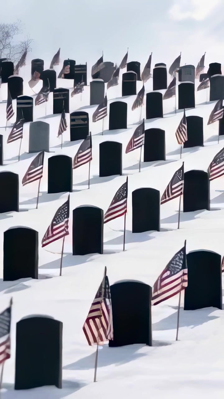 Vertical video: Pulling back camera revealing rows of markers on snow slope, wind rippling US flags