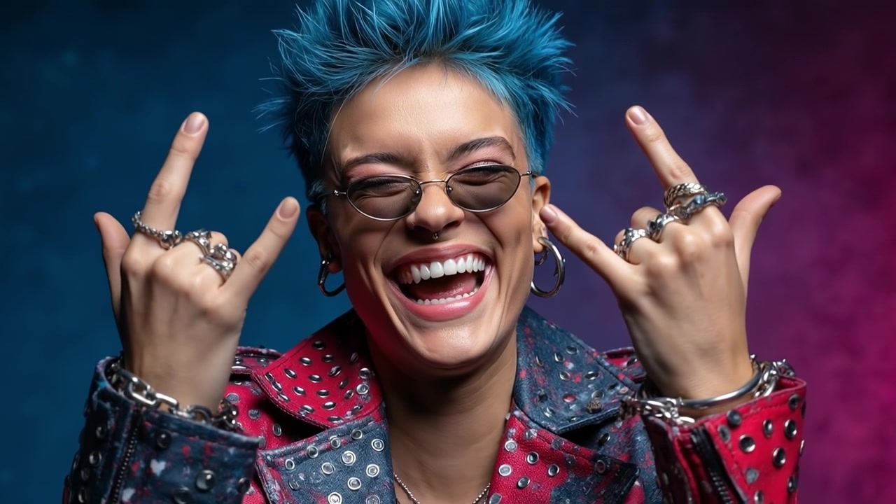 Person with blue hair and sunglasses making a rock sign gesture