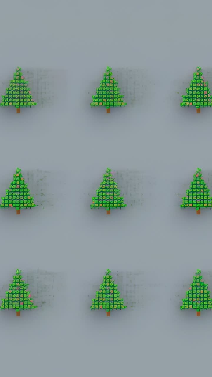 Vertical video: Zooming camera focusing centered pixel tree on gray plane, revealing pink ornaments