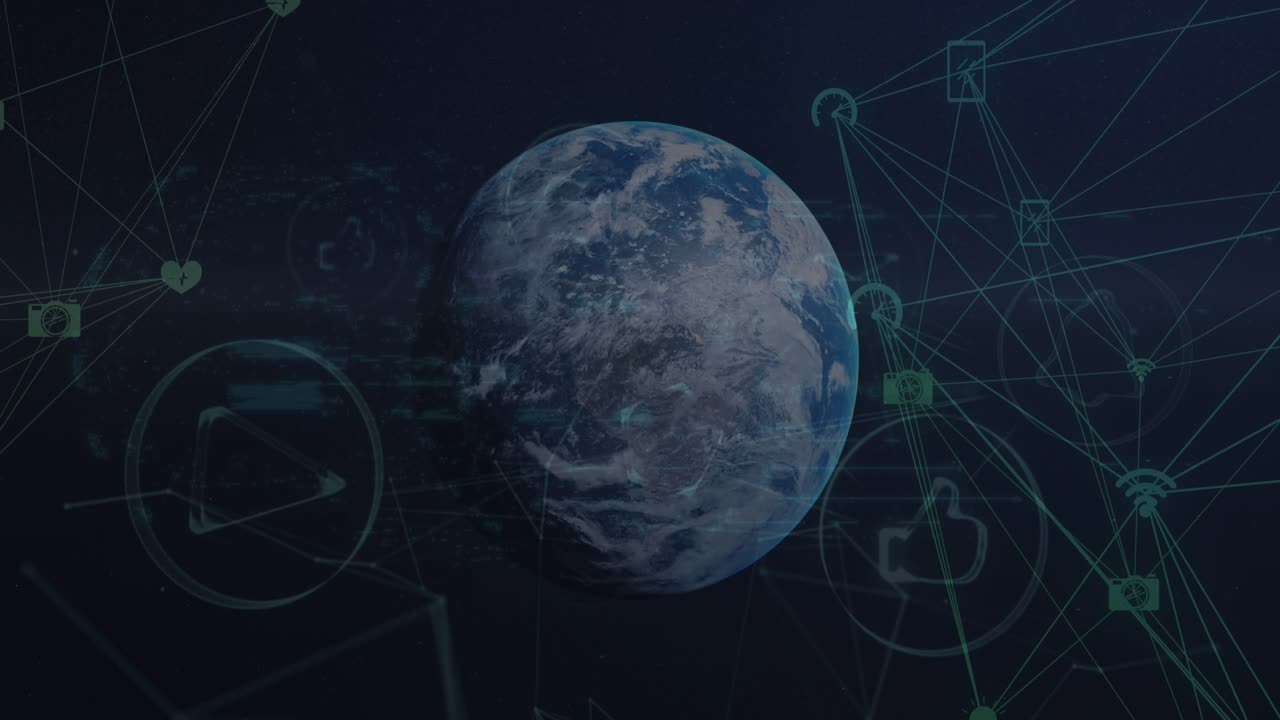 Animation of two globes of digital icons and security padlock icon over globe on blue background