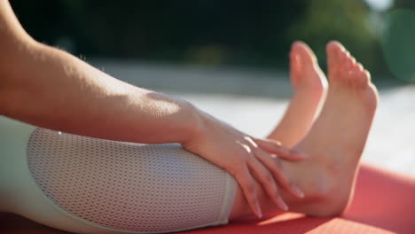 woman, hands and legs in yoga