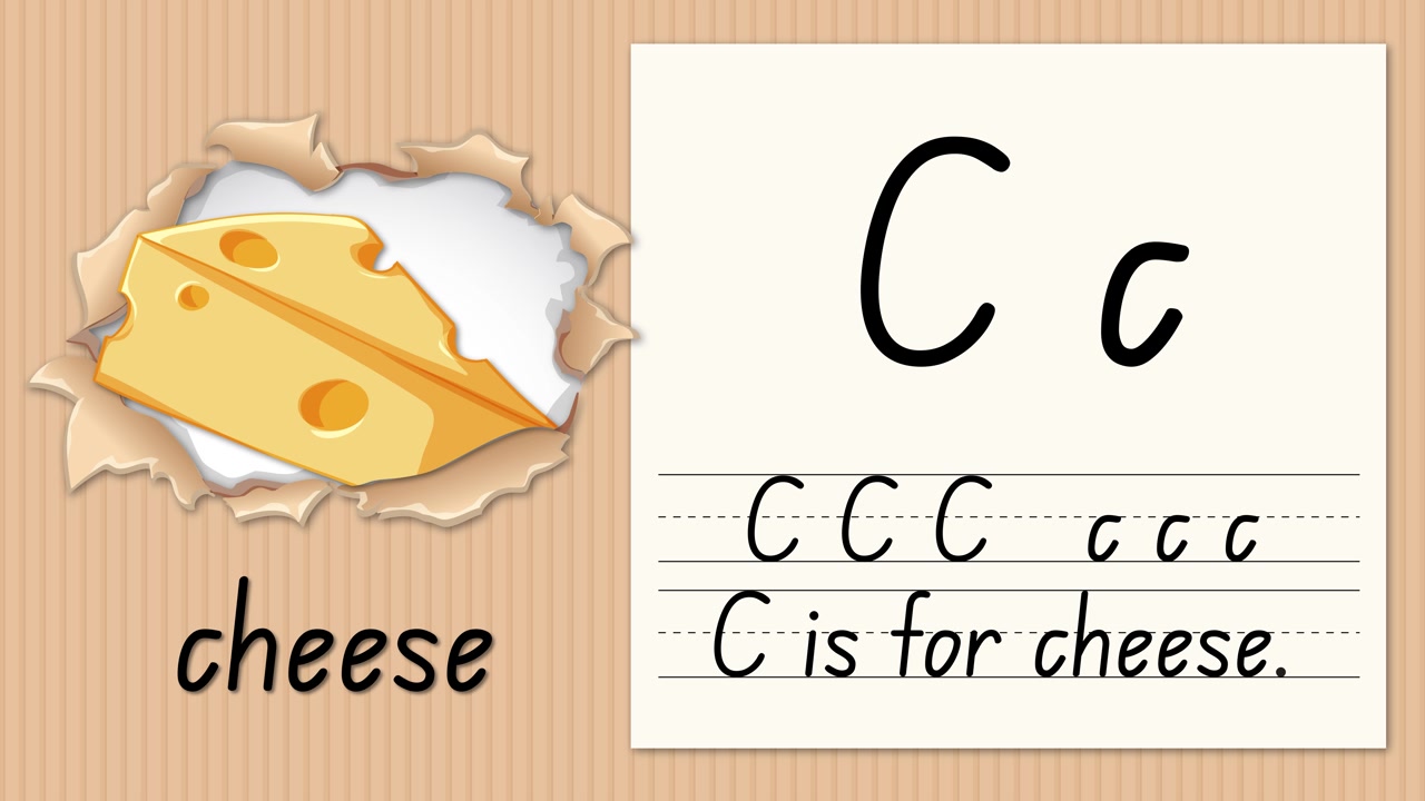 Esercizio di scrittura animato che dimostra come scrivere la lettera C accanto a uno spicchio di formaggio svizzero giallo