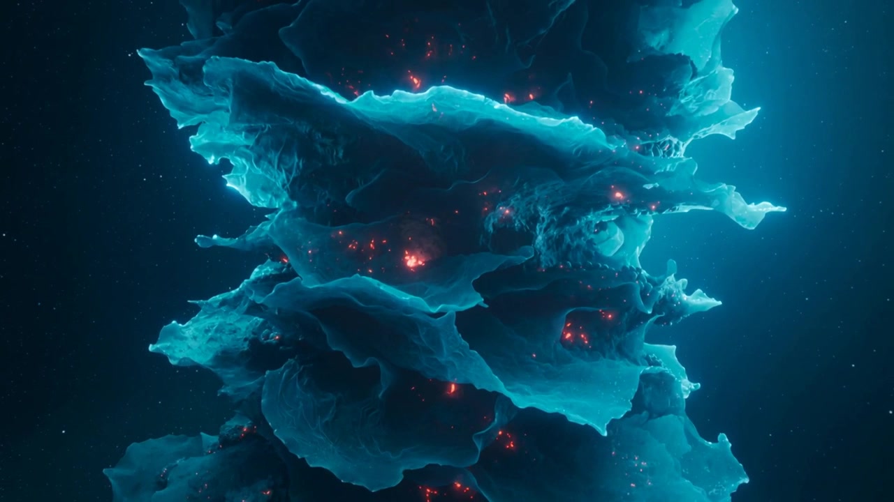 Cornici che si aprono rivelando alti strati color verde acqua che ruotano, pulsanti in un vuoto profondo, braci che si illuminano
