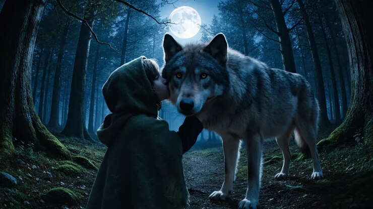 Niño y lobo en un bosque a la luz de la luna