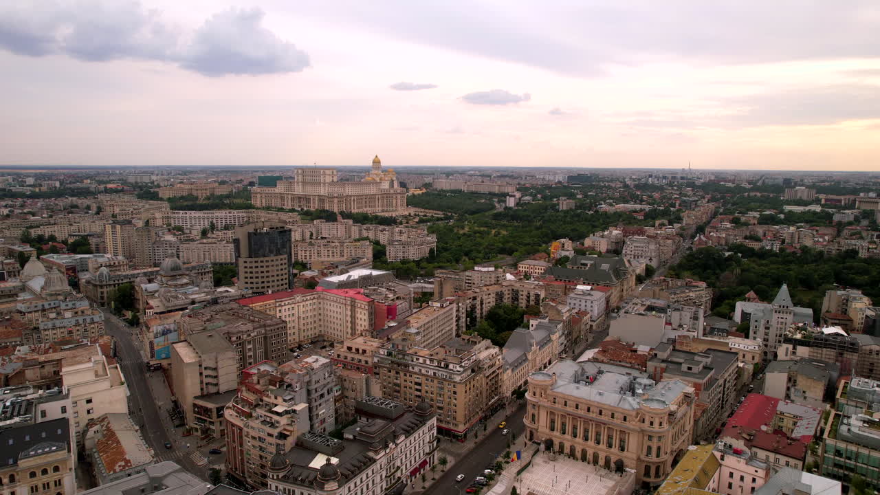 Communist buildings in the old city center of Bucharest. Drone view