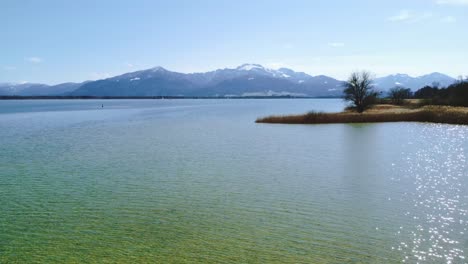 Scenic-aerial-view-upon-Bavaria's-famous-lake-Chiemsee-in-the-rural-countryside-with-a-beautiful-blue-sky,-clear-blue-and-green-water,-reed-and-the-alps-mountains-in-the-background-on-a-sunny-day