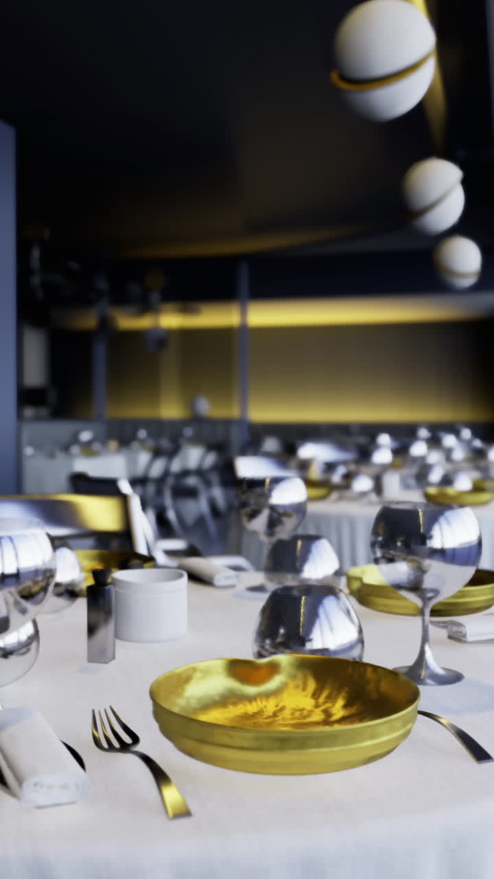 Elegant dining setup in a modern restaurant overlooking the city skyline