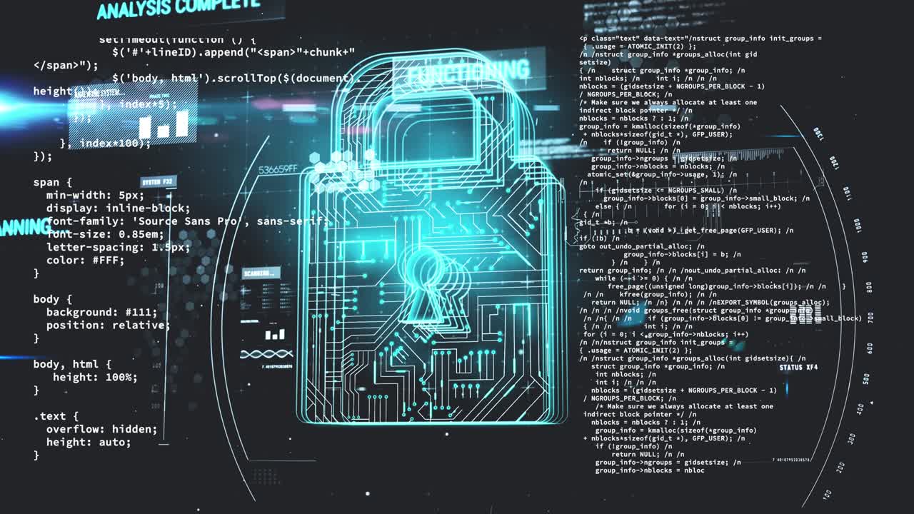 Animation of online security padlock over data processing and scope scanning