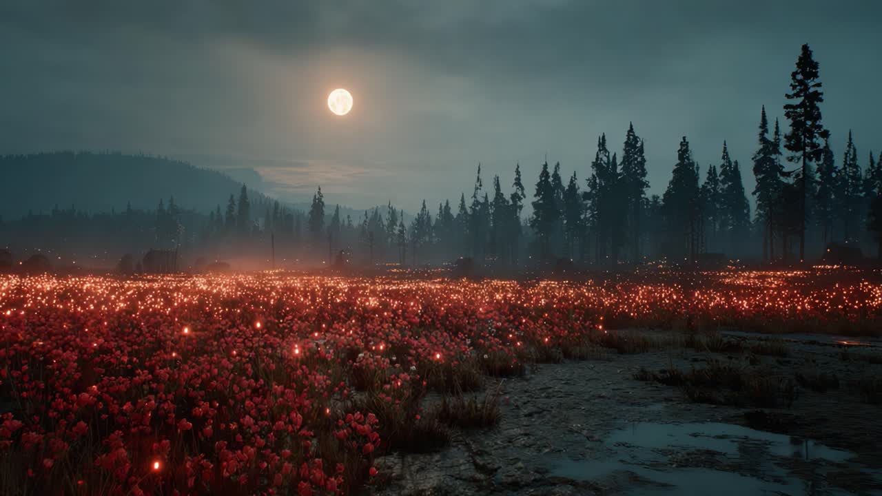 A Serene Nightscape: Illuminated Floral Field Under Moonlight Surrounded by Majestic Trees and Soft Mist, Capturing Nature's Tranquil Beauty