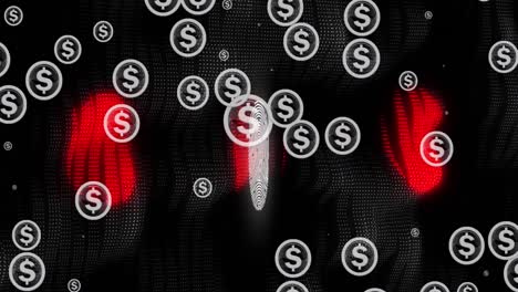 Animation-of-dollars-blinking-on-black-background-with-fingerprint