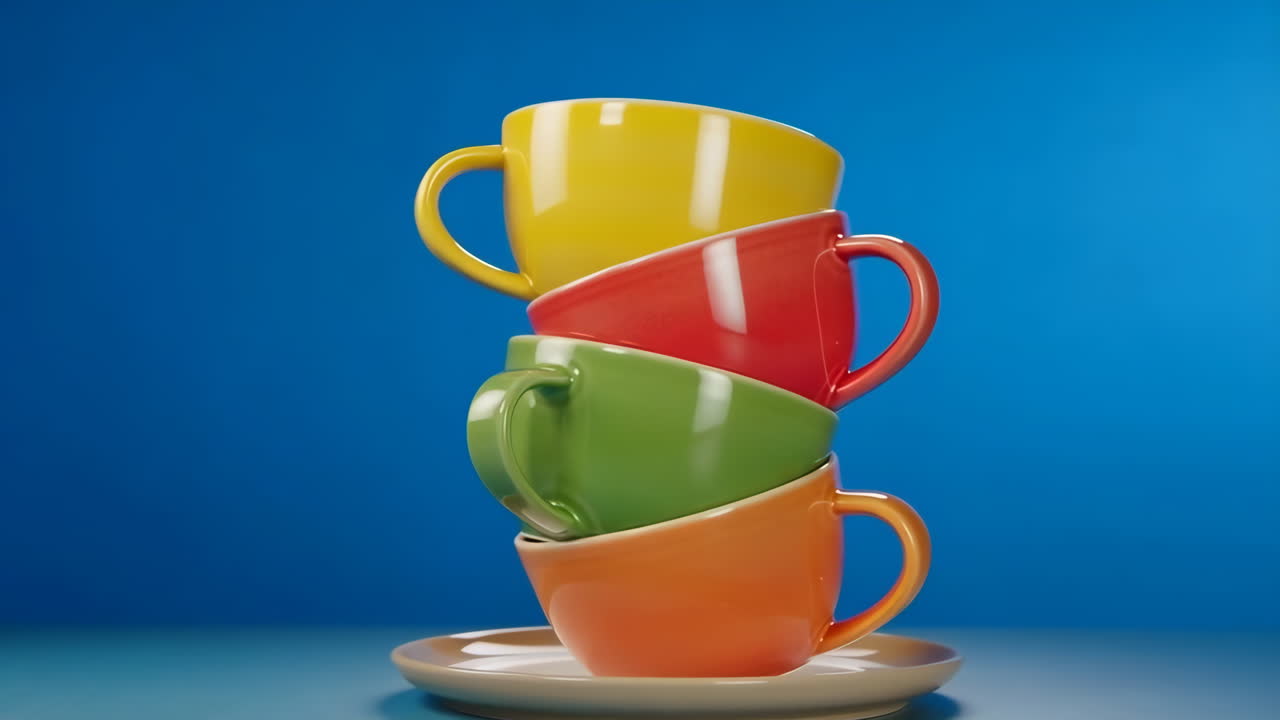 Stack of Colorful Mugs on Blue Background