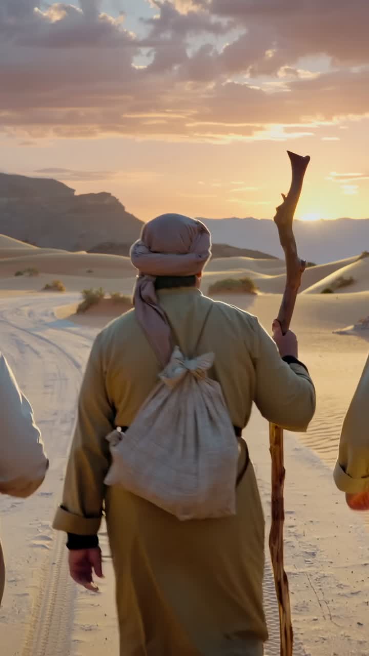 Vertical video: Sun nearing horizon guiding three travelers in robes walking track, holding staff