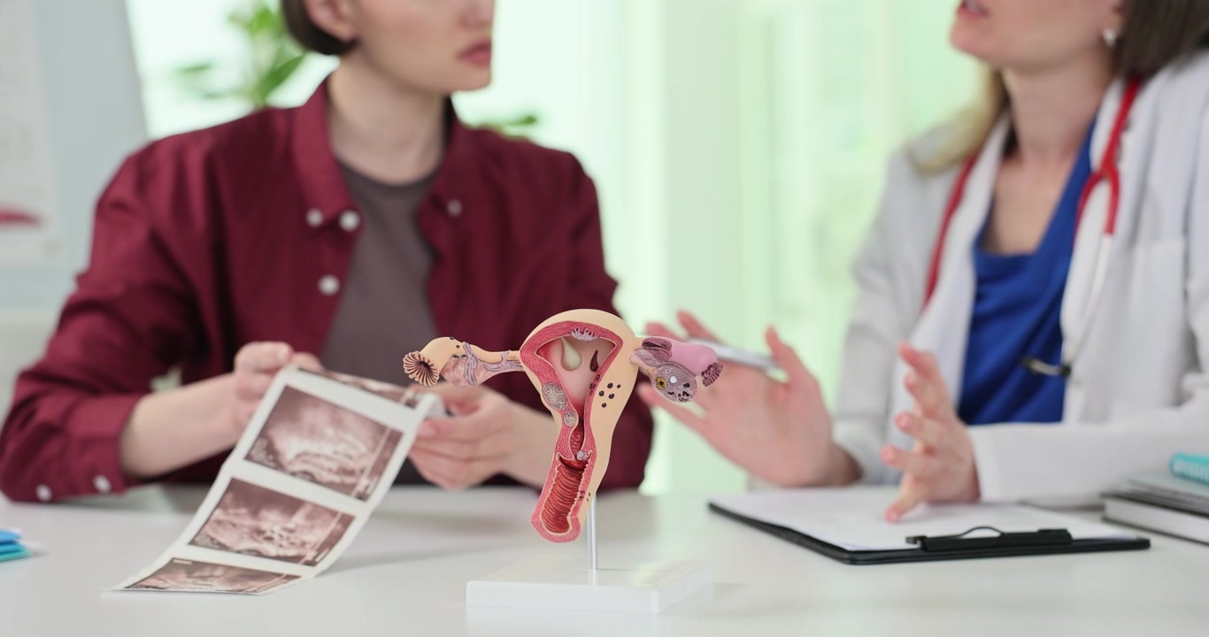 Un ginecologo spiega le immagini ecografiche dell'utero alla paziente.