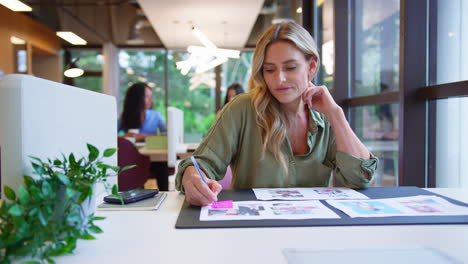 mature businesswoman sitting at desk in office approving or checking proofs or design layouts