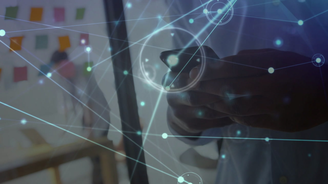 Man holding smartphone, tapping and scrolling, planning, causing tech overlay growing over hands
