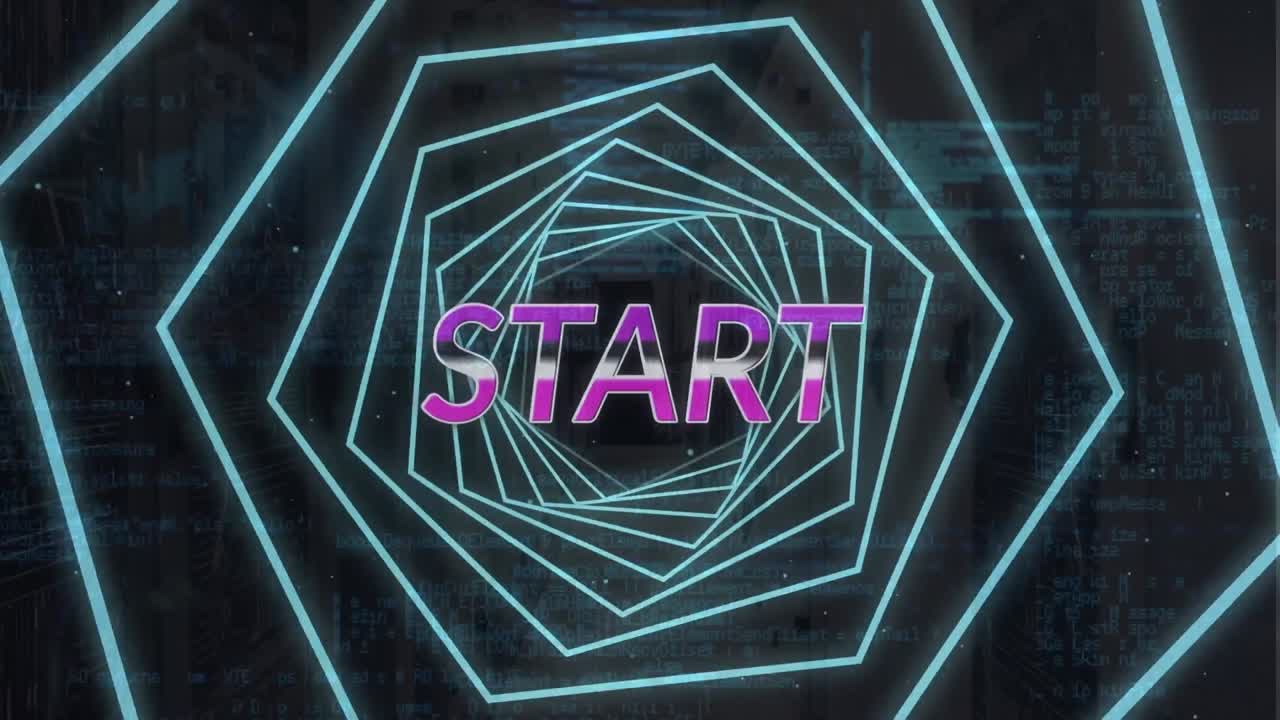 Animation of start text in hexagon tunnel against computer language on black background