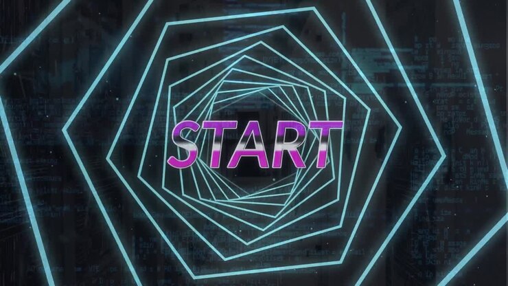 Animation of start text in hexagon tunnel against computer language on black background