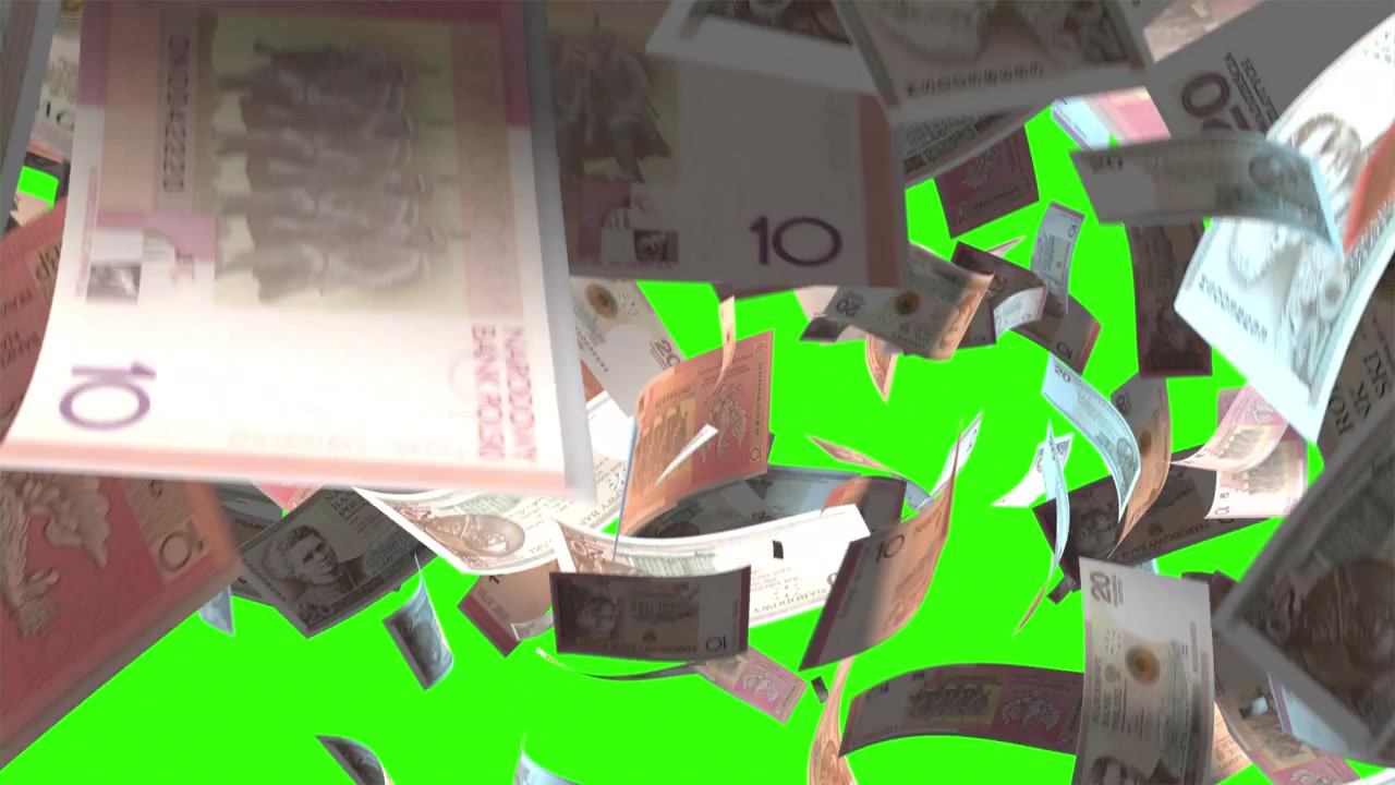Banconote di Zloty polacco che cadono su schermo verde