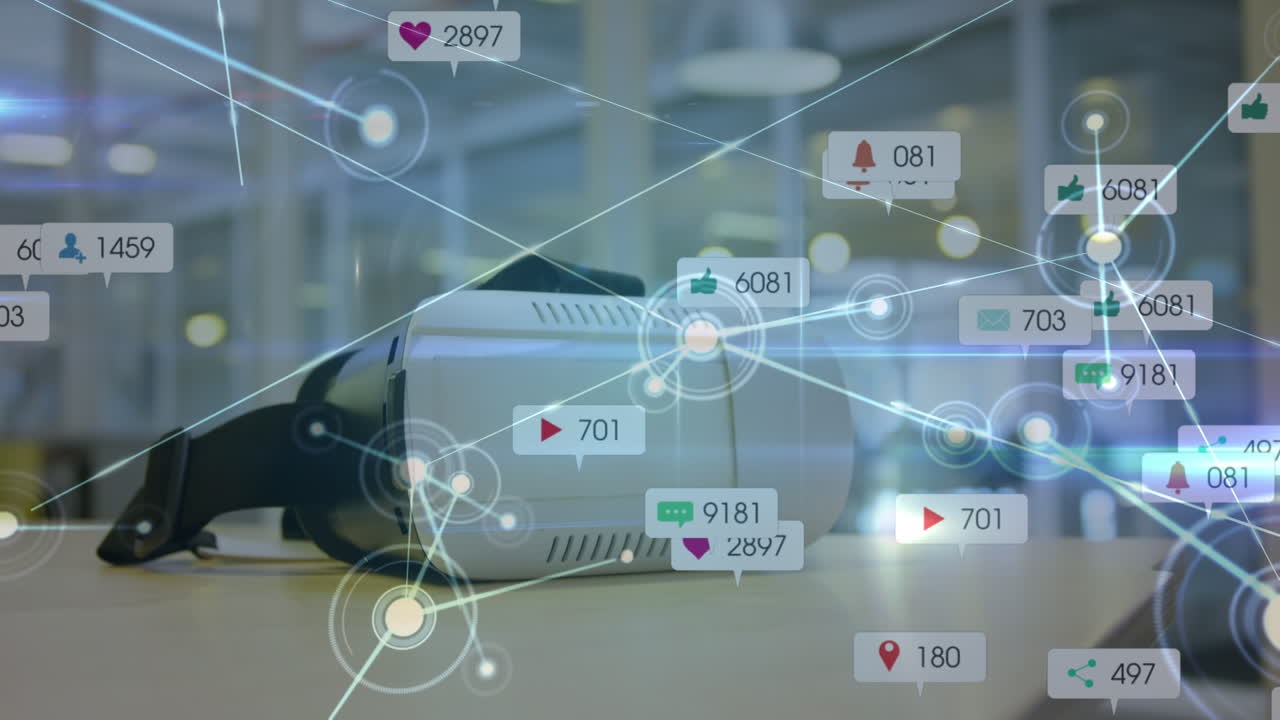 연결 네트워크와 소셜 미디어 아이콘의 애니메이션은 vr 헤드 ⁇ 을 통해 증가하고 있습니다.